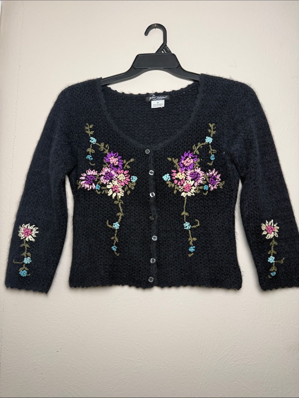 Betsey Johnson Black Cardigan with Pink, Purple & Blue Floral Embroidery